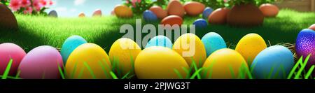 Frischer Frühlingshintergrund mit ostereiern-Banner, grüne saftige Wiese. Farbige Ostereier versteckte Blumen Gras. Osterkonzept. Frühlingssommer mit frischem Gras vor blauem Himmel. Stockfoto