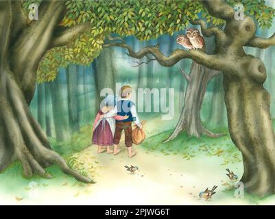 Kindergeschichten - Hänsel & Gretel betreten den Wald Stockfoto