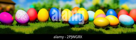 Frischer Frühlingshintergrund mit ostereiern-Banner, grüne saftige Wiese. Farbige Ostereier versteckte Blumen Gras. Osterkonzept. Frühlingssommer mit frischem Gras vor blauem Himmel. Stockfoto
