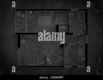 Grundriss des Hauses, auf Tafelhintergrund mit Schatten. Stock Vektor