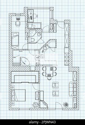 Schwarz-Weiß-Grundriss eines Hauses auf Millimeterpapier. Stock Vektor