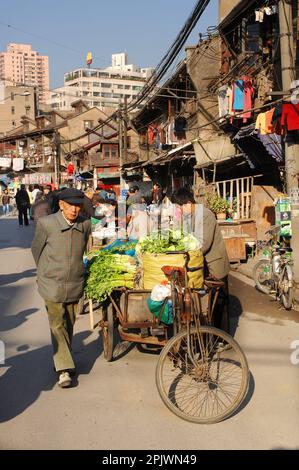 Die nordöstlichen Viertel der Stadt Shanghai: Die traditionellen Shikumen-Häuser, umgeben von Hochhäusern. Shanghai, China, Asien Stockfoto