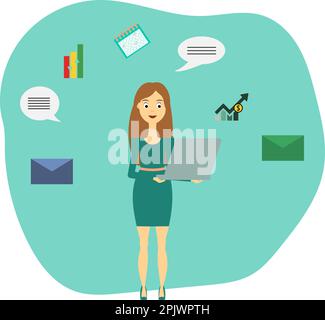Junge Frau in Grün mit Laptop in den Händen. Post, E-Mail, Umschläge, Diagramme, Kalendersymbole. Infografiken zu Büromitarbeitern für Unternehmen Stock Vektor