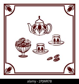Iftar-Komposition mit einer Teekanne, Tassen und getrockneten Datteln in einem wunderschönen Rahmen. Ramadan-Vektordarstellung. Für Grußkarten, Urlaub Stock Vektor