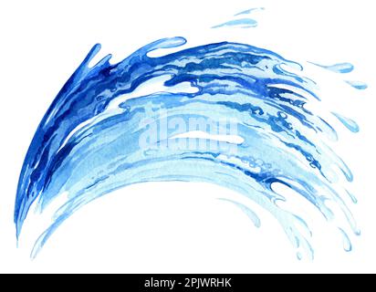 Aquarelle Darstellung des Wasserstroms, blauer Spritzer und Tropfen, Skizze isoliert auf weißem Hintergrund. Stockfoto