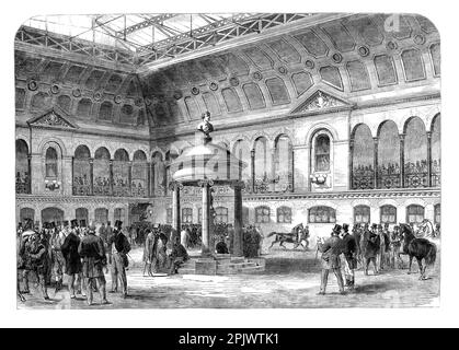 Der erste Verkauf im Jahr 1865, Tattersalls neue Gebäude in Knightsbridge, einem Wohn- und Einzelhandelsviertel im Zentrum von London, England. Tattersalls (ehemals Tattersall's) ist der wichtigste Auktionator von Rennpferden im Vereinigten Königreich und in Irland. Stockfoto