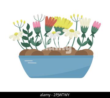 Vektor wunderschöner Garten mit verschiedenen Flachblumen im Blumenbeet. Blumige Pflanzen isoliert auf weiß. Frühlingszeitkonzept. Stock Vektor