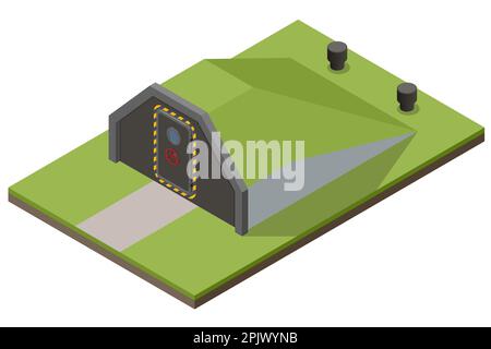 Isometrischer Betonbunker, Bunker, bombensicherer Bunker, Luftschutzbunker. Unterirdischer Luftschutzbunker mit Betten, ein Vorrat an Nahrung zum Überleben Stock Vektor