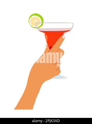 Weibliche Hand hält ein Glas Alkohol-Cocktail. Stock Vektor