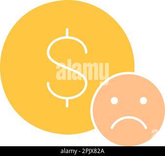 Münze mit traurigem Gesicht, Konkurs, Abneigung, negativem Feedback, weißes Umriss-Symbol. Symbol für Finanzen, Zahlungen, Investitionen und Finanzen. Stock Vektor