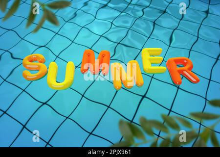 3D-Grafiken Web-Vorlage Collage mit Gummi-Inschrift Schwimmen auf Meerwasser werben für Sommer-Tour-Reise Stockfoto