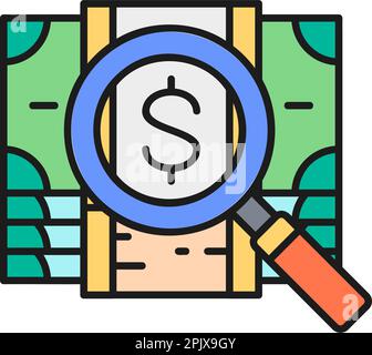 Lupe mit Geldscheinen, Geldsuche, Dollarscheine und Linealsymbol in Lupenfarbe. Barzahlung, Papierrechnung, Dollarzeichen-Design. Stock Vektor