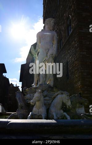 Im Zentrum der Piazza della Signoria, dem wunderschönen Fonte di Piazza oder Neptun-Brunnen, erbaut von Bartolomeo Ammannati und Giambologna zwischen der Stockfoto