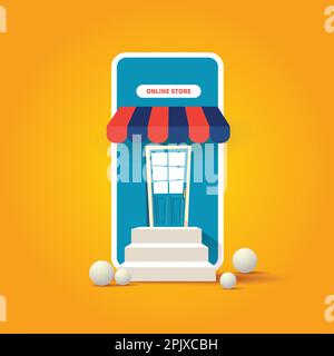 Online-Shopping-Shop auf einem Telefon mit 3D Podium Art Modern Stock Vektor