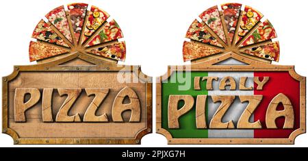 Holzschilder mit Pizza-Scheiben und Text Pizza and Italy Pizza und italienische Flagge, isoliert auf weißem Hintergrund. Stockfoto