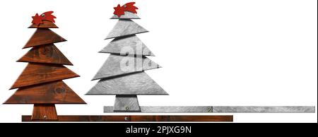 Kleine Weihnachtsbäume aus Holz und Metall mit roten Kometensternen, isoliert auf weißem Hintergrund, geometrische Form. 3D Abbildung. Stockfoto