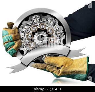 Hände mit Schutzhandschuhen, die ein rundes Metallsymbol oder ein Symbol mit vielen Zahnrädern (Zahnräder von Zahnrädern) halten, isoliert auf weißem Hintergrund. Stockfoto