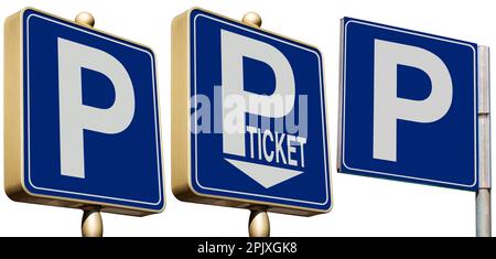 Drei blaue Parkschilder mit dem Buchstaben P (kostenlose Parkmöglichkeit und Parkuhr), isoliert auf weißem Hintergrund, Fotografie. Stockfoto