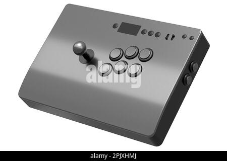 Klassischer Arcade-Stick mit Joystick und Knöpfen in Turnierqualität mit metallischer Chromstruktur auf weißem Hintergrund. 3D-Rendering von Spielautomaten, Streami Stockfoto