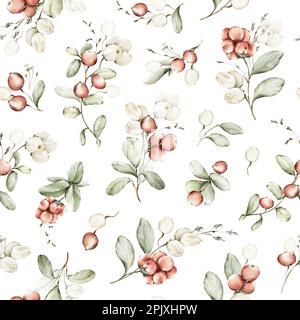 Nahtloses Aquarellmuster mit zarten, zarten Wildbeeren. Botanische Fliese, Hintergrund. Blumenmuster für Tapete, Umschlag oder Stoff. Stockfoto