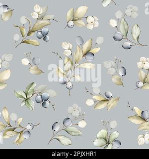 Nahtloses Aquarellmuster mit zarten Wildbeeren, Blättern, Zweigen. Botanische Fliese, Hintergrund. Blumenmuster zum Einpacken oder für Stoff. Stockfoto