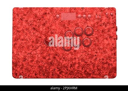 Klassischer Arcade-Stick mit Joystick und Tasten in Turnierqualität mit nahtlosem Mosaikmuster auf weißem Hintergrund. 3D-Rendering von Spielautomaten, Streami Stockfoto