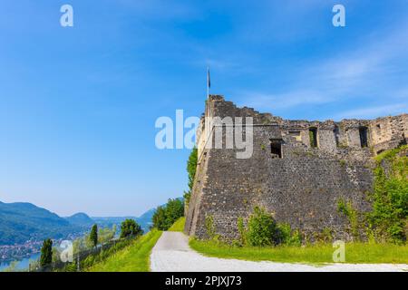 Schloss und Weinberg an einem sonnigen Sommertag in Morcote, Tessin, Schweiz. Stockfoto