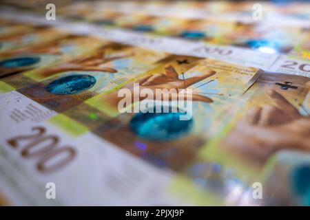 Schweizer Franken von 200 (zweihundert) Banknoten in der Schweiz. Stockfoto