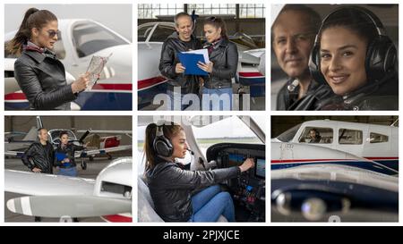 Porträt einer attraktiven jungen Pilotin mit Headset im Cockpit des Flugzeugs. Flugschüler und Ausbilder durchlaufen eine Pilotencheckliste vor dem Flug Stockfoto