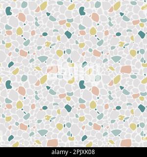 Süßes nahtloses Terrazzo-Muster in natürlichen Pastellfarben. Abstrakter Mosaiksteinhintergrund. Realistischer, moderner, minimalistischer Terrazo-Kunstplatz Stock Vektor