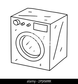 Waschmaschine im handgezeichneten Kritzelstil. Vektordarstellung isoliert auf weißem Hintergrund. Ausmalseite. Stock Vektor