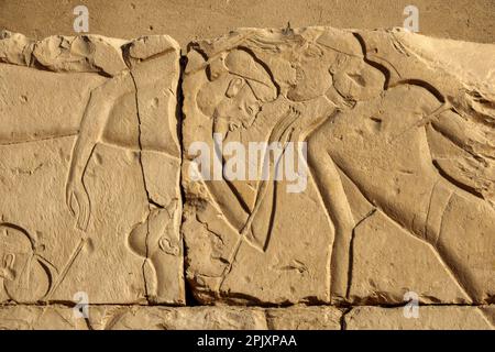 Details der Kampfszenen auf dem Vorplatz des Tempels von Seti I, Abydos, Ägypten Stockfoto