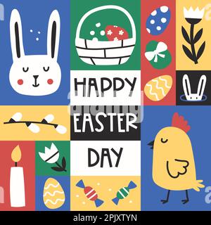 Grafikposter zu Ostern. Quadratische Grußkarte mit niedlichen Ostersymbolen. Hähnchen, Blume, Ei, helle Retro-Farben. Flaches Vektordesign mit einfachem Minim Stock Vektor