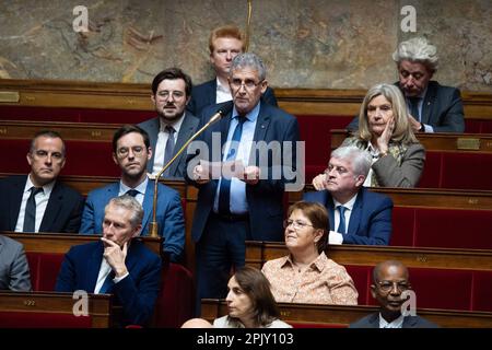 Paris, Frankreich. 04. April 2023. Französischer Stellvertreter Alain David während einer Fragestunde an die Regierung in der Pariser Nationalversammlung am 4. April 2023. Foto: Raphael Lafargue/ABACAPRESS.COM Kredit: Abaca Press/Alamy Live News Stockfoto