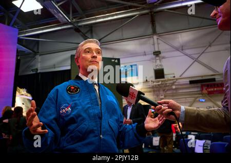 Minister Francois-Philippe Champagne gibt am 3. April 2023 ein Interview bei der Ankündigungsveranstaltung der Artemis II Crew in Houston, USA. Stockfoto