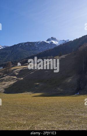 Neustift im Stubaital, Österreich - 16. März 2023 - wunderschöne Wiesen und Hügel in der Nähe von Neustift am Ende der Wintersaison Stockfoto