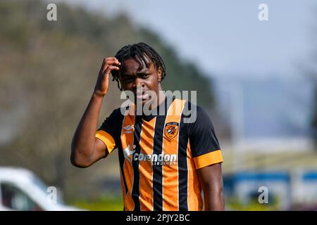 Swansea, Wales. 4. April 2023 Ralph Nkomba aus Hull City während des Spiels der Professional Development League zwischen Swansea City under 18 und Hull City under 18 an der Swansea City Academy in Swansea, Wales, Großbritannien, am 4. April 2023. Kredit: Duncan Thomas/Majestic Media/Alamy Live News. Stockfoto