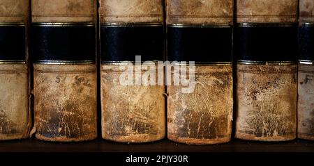 Alte Ledergesetzbücher oder Gesetzbücher auf dem Regal gestapelt Stockfoto