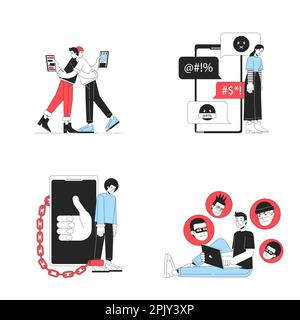 Gefahren der Internetnutzung heutzutage Liniendiagramm Vektor-Spot-Illustrationssatz Stock Vektor