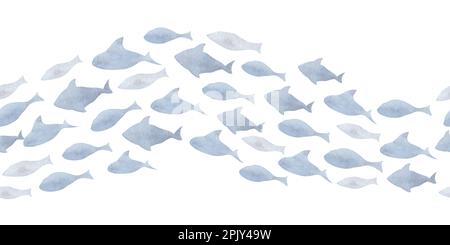 Nahtloses Muster mit Fischschwärmen auf isoliertem Hintergrund. Handgezeichnete Aquarelldarstellung mit Wellenlinie. Seegrenze für Banner oder Ziergegenstände in blauen Farben. Unterwasserzeichnung als Hintergrund. Stockfoto