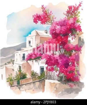 Aquarelle Landschaft der Insel Santorin. Griechenland Sommer Insellandschaft. Von Hand gezeichneter quadratischer Vektorhintergrund in Santorin. Malerische Skizze. Ideal für Stock Vektor