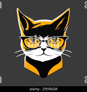 CAT Head Logo-Design. Abstrakte Zeichnung eines süßen Katzenkopfes. Kluge Katze mit Brille. Vektordarstellung Stock Vektor