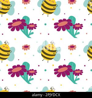 Nahtloses Muster mit süßer Biene und Blumen. Weltbienentag. Für Textil, Leinwand, Hintergrund oder Geschenkpapier. Abbildung eines flachen Vektors Stock Vektor