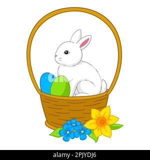 Frohe Osterzeichnung. Süßes Häschen, Eier und Blumen für traditionelle Feiern. Stock Vektor
