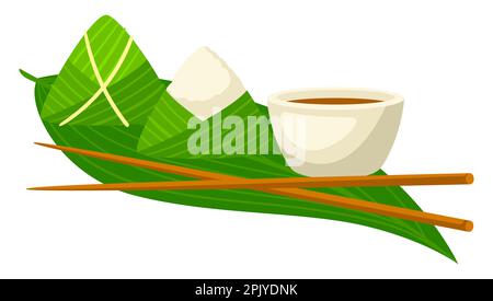 Eingepackte Reisklöße. Urlaub in Duanwu. Traditionelles Essen beim Chinese Dragon Boat Festival. Stock Vektor