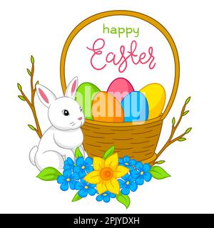 Frohe Osterzeichnung. Süßes Häschen, Eier und Blumen für traditionelle Feiern. Stock Vektor