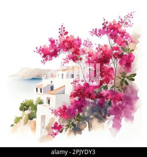 Aquarelle Landschaft der Insel Santorin. Griechenland Sommer Insellandschaft. Von Hand gezeichneter quadratischer Vektorhintergrund in Santorin. Malerische Skizze. Ideal für Stock Vektor