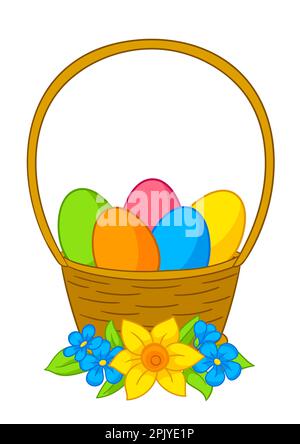 Frohe Osterzeichnung. Süßer Eimer mit Eiern und Blumen für traditionelle Feiern. Stock Vektor