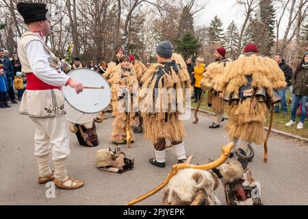 Kukeri-Tänzer mit komplizierten Kostümen, großen Glocken und Masken tanzen beim traditionellen jährlichen Festival in Sofia, Bulgarien, Osteuropa, Balkan Stockfoto