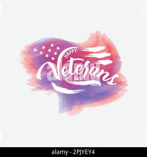 Happy Veterans Day Wasserfarben-Pinselstruktur mit amerikanischen Flaggenstreifen und Sternen Stock Vektor
